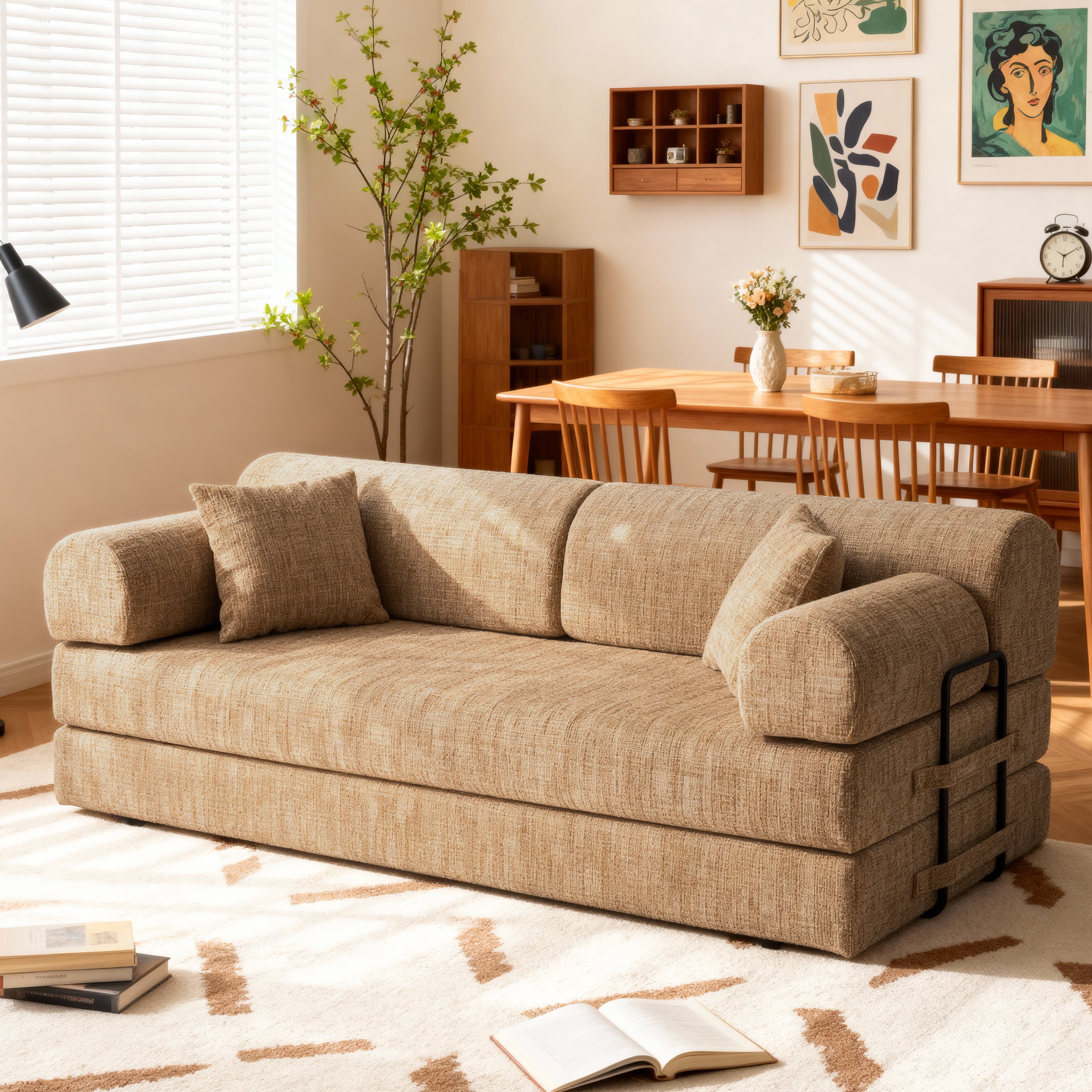 Leumius 79" Convertible Futon Sofa Bed, Boneless Couch for Living Room, Corduroy Folding Mattress Couch with Fixed-Shape Frame, Floor Sofa Lounge Couch with 2 Pillows, No Assembly,Ochre