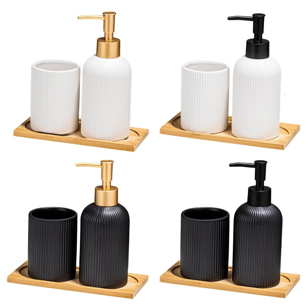 YIEMEEN Set of 3 Ceramic Soap Dispenser Set with Wood Storage Tray and Toothbrush Cup