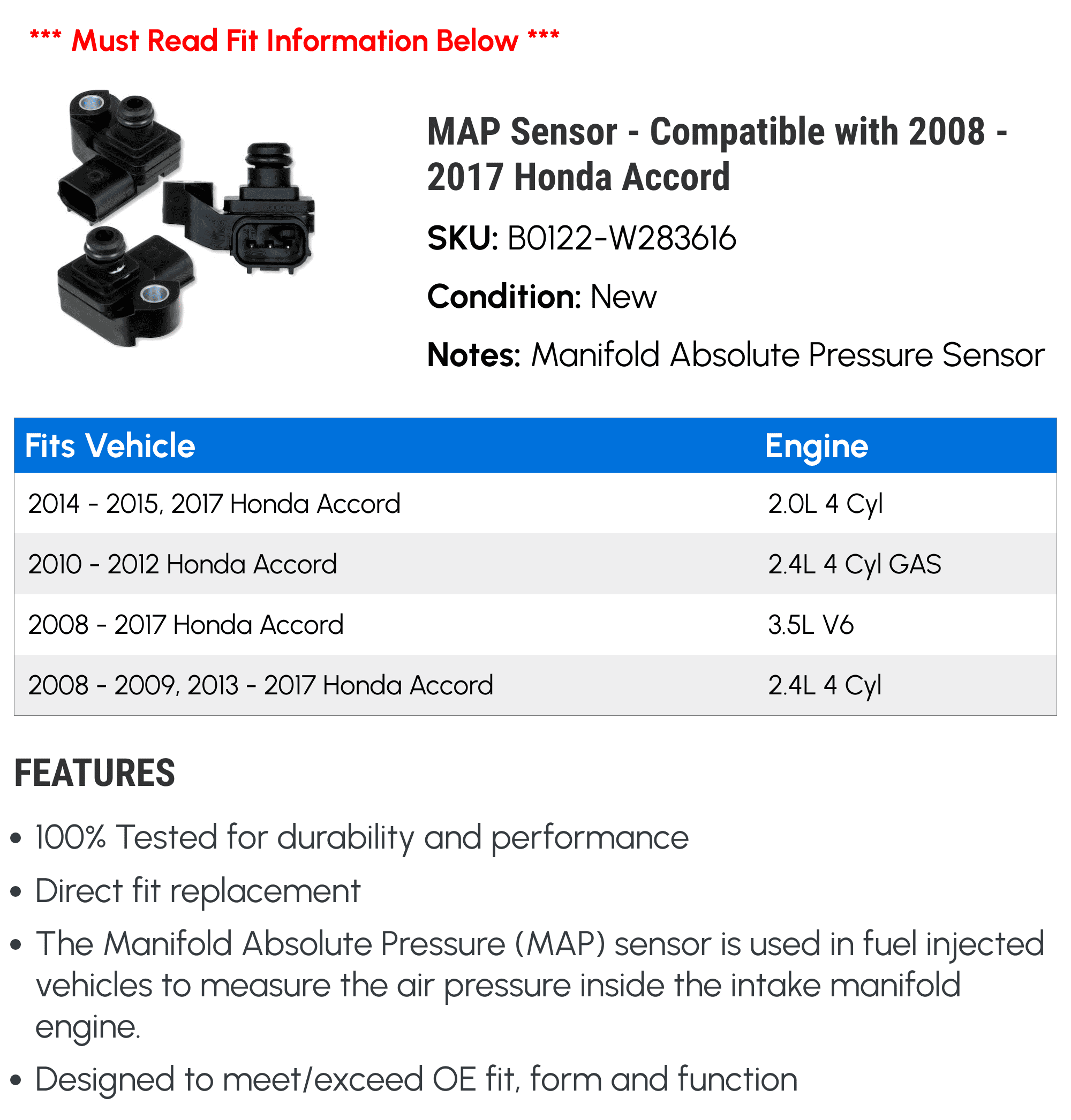 MAP Sensor - Compatible with 2008 - 2017 Honda Accord 2009 2010 2011 2012 2013 2014 2015 2016