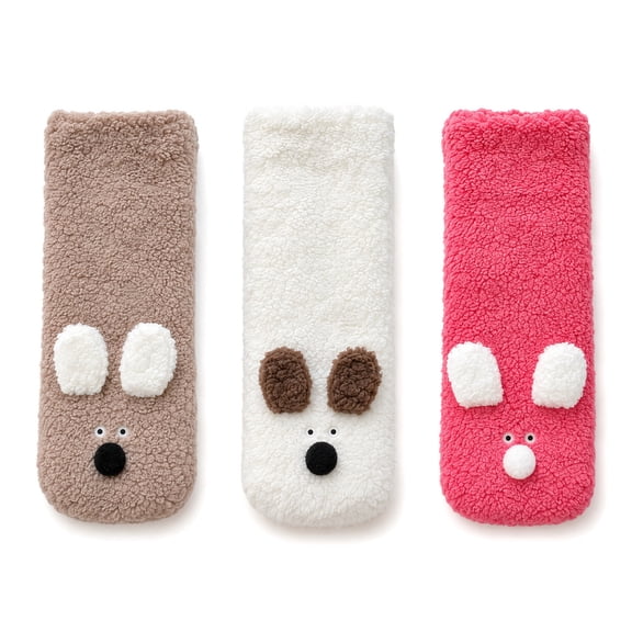 3 Pairs Women's Ultra Thick Fleece Lined Floor Socks, Polyester Cute Dog Cartoon Warm Mid Calf Sleep Socks for Fall Winter Indoor Lounging