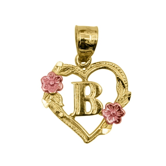 Precious Stars 14K Two-Tone Gold Flower and Heart-shaped Initial 'B' Pendant - No Chain, Pendant Only