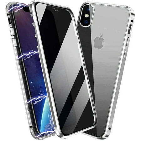 Anti Peep Magnetic iPhone XS Case [Silver] Double Sided Privacy Tempered Glass Screen Protector Shockproof and Scratch Resistant Protection