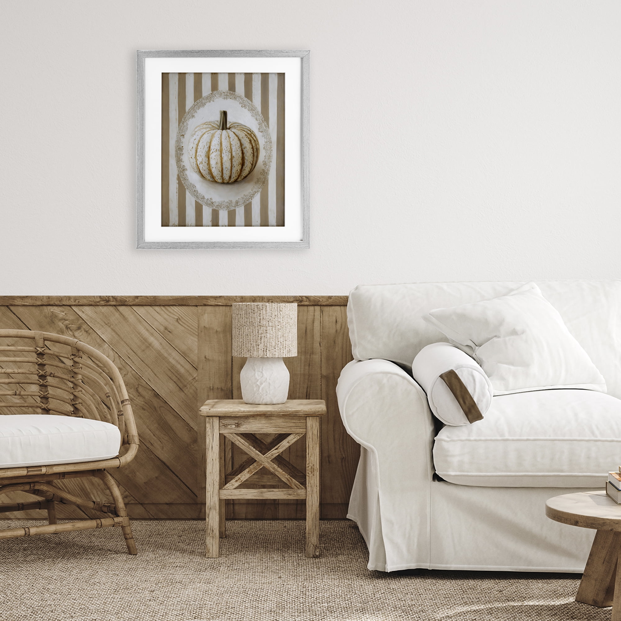 Beige Stripes Pumpkin Gray Framed Print Under Glass, design by Arlington Prints