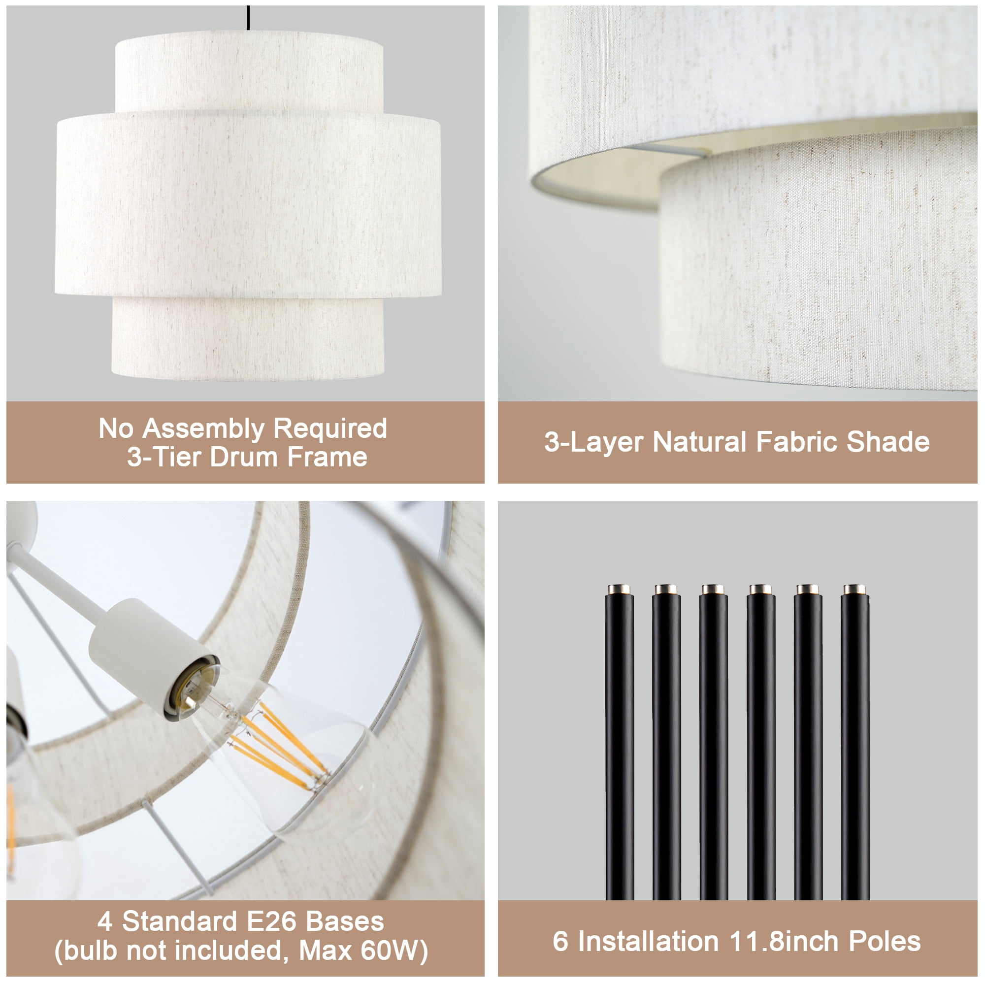 Uznhty 3-Tier Pendant Lights 19.7 inch Drum Chandeliers for Dining Room Light Fixture with Large Beige Linen Lamp Shade for Kitchen Island Living Room Foyer Bedroom E26