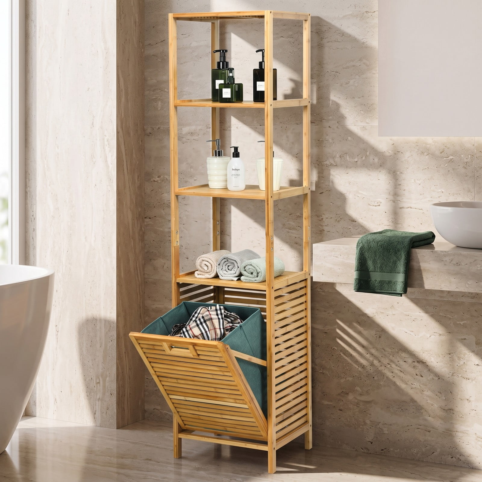 Fenbeli Bamboo Tower Laundry Hamper Organizer with 3-Tier Storage Shelves, Tilt-Out Oxford Basket, 2-in-1 Freestanding Bathroom Linen Cabinet for Closet, Natural
