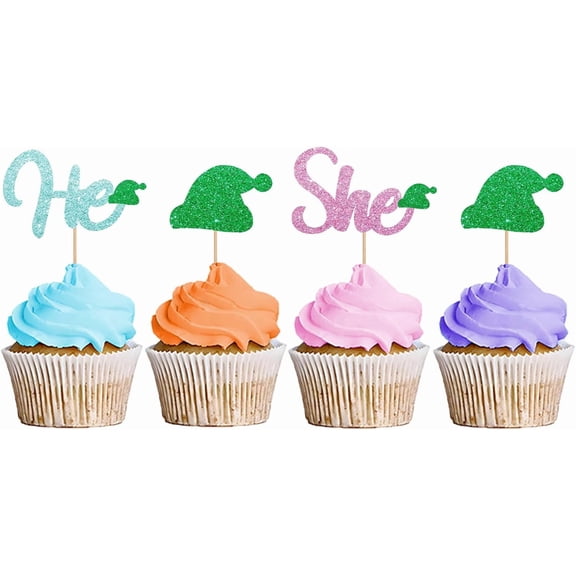 Teal & Pink Glitter He She Elf Hat Gender Reveal Cupcake Toppers, 12 Pack Baby Shower Cupcake Picks, Christmas Gender Reveal Party Cake Decorations