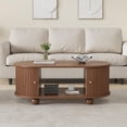 thumbnail image 4 of 39.3" Oval Coffee Table with Sliding Doors & Storage, Industrial Fluted Sofa Table, Rounded Corners & Spherical Legs with Sturdy 110 lbs Capacity, Modern Center Table for Living Rooms, Walnut, 4 of 6