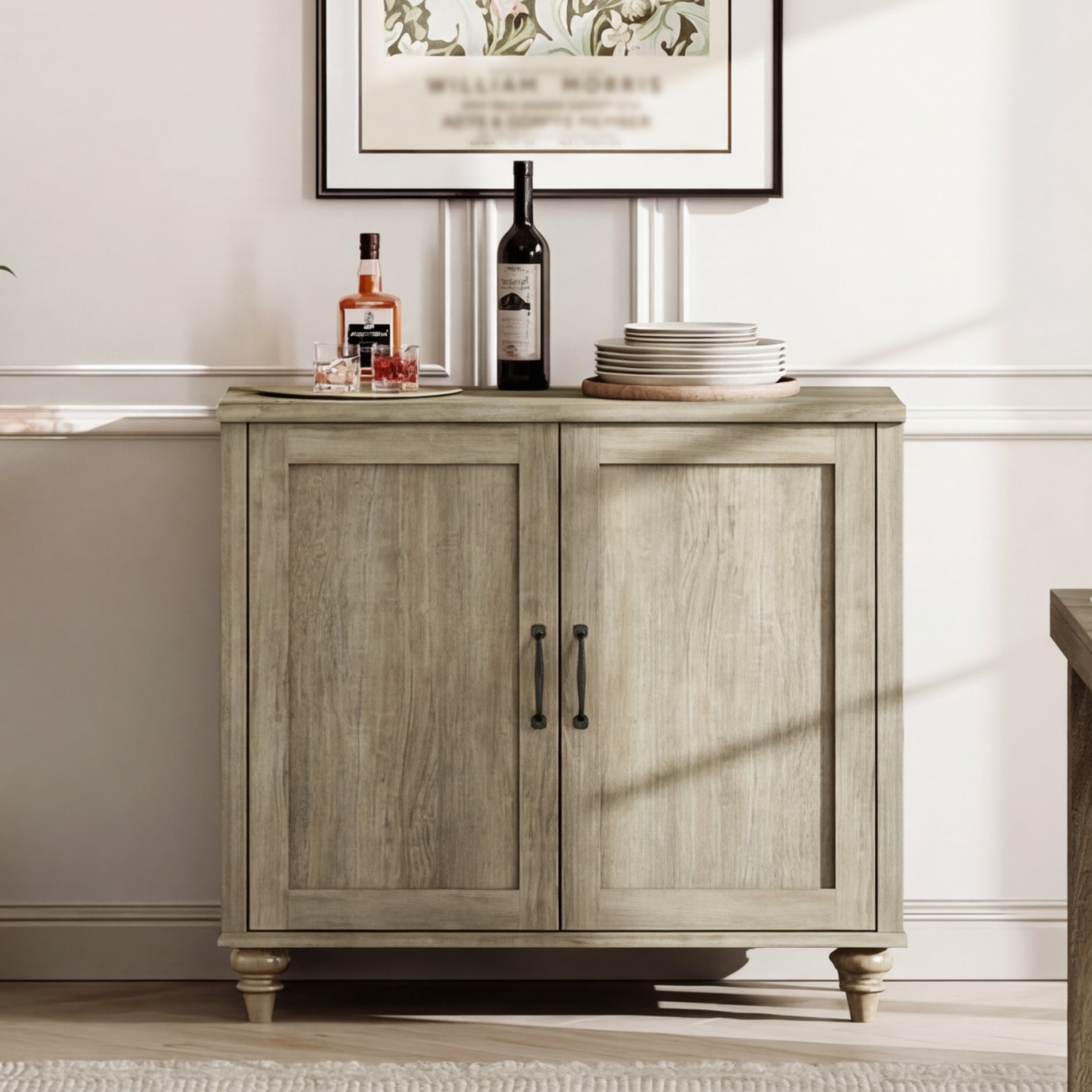 Modern Farmhouse Credenza, 34" Wash Gray Storage Sideboard with Wood Doors