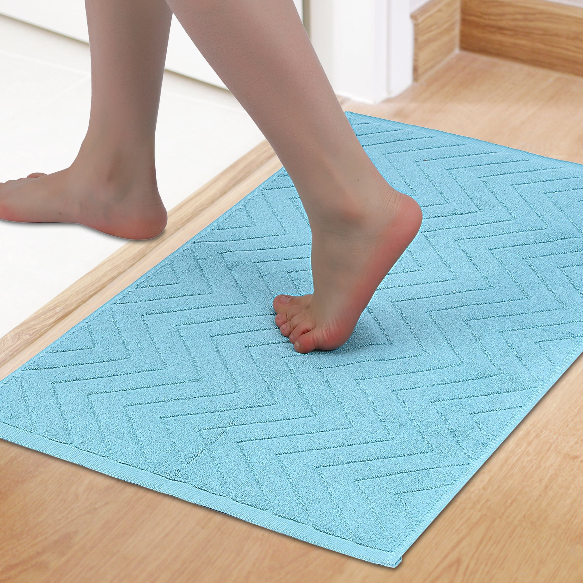 Unique Bargains Fade Resistant Cotton Bath Rugs Shower Mat Bathroom Non Slip Blue