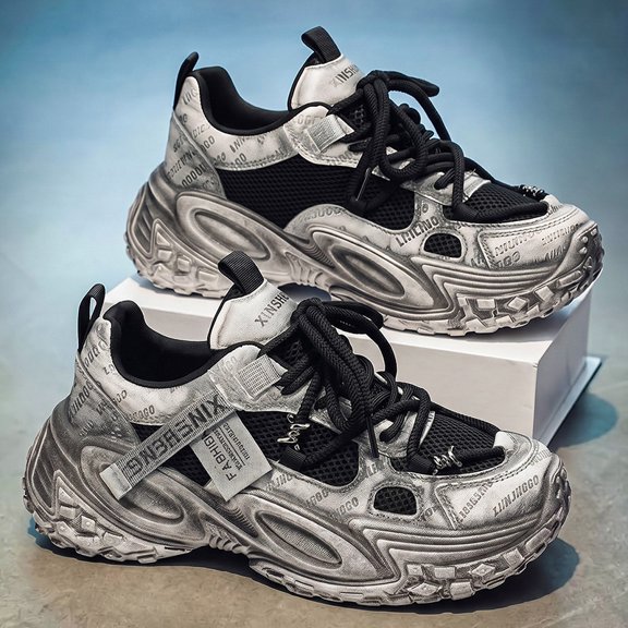 Men's Vintage Distressed Mesh Chunky Dad Sneakers Shock Absorbing Non Slip Rugged Sole Height Increasing Street Walking Shoes