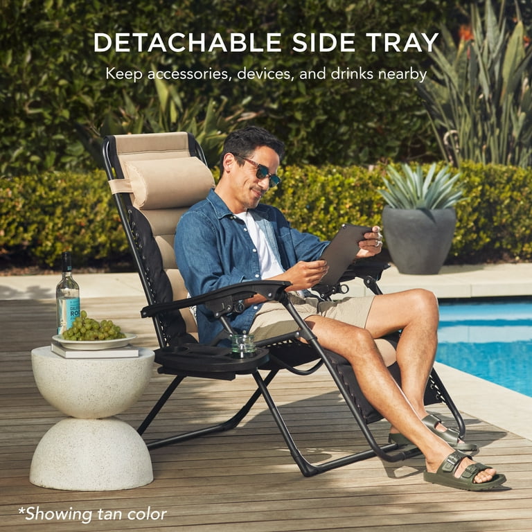 Best Choice Products Oversized Padded Zero Gravity Chair Folding Outdoor Patio Recliner w Side Tray Navy Oyster