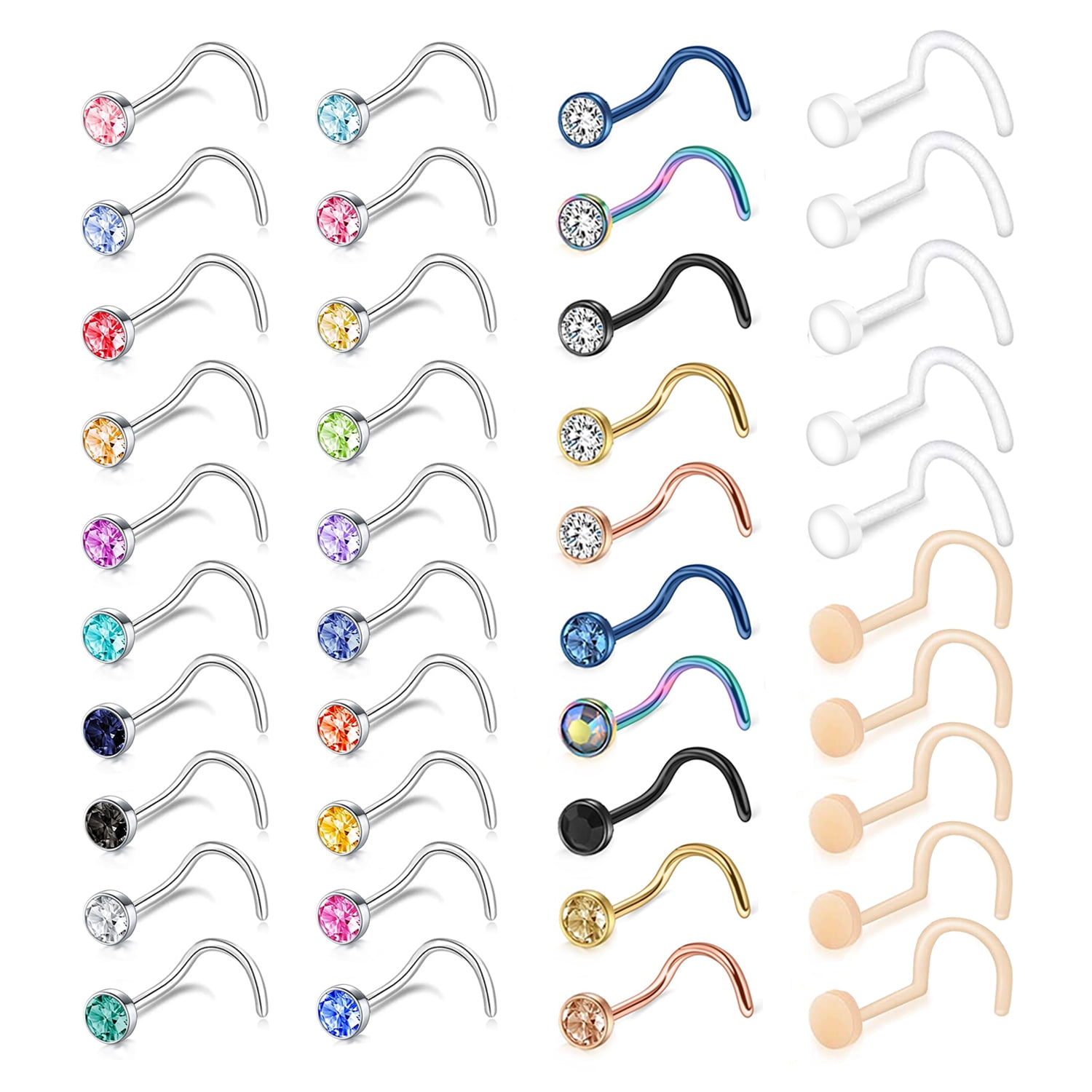 ZS 40Pcs/Set 20g Mix Color Cubic Zircon Nose Ring Piercing Round Crystal Nostril Piercing Nose