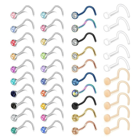 ZS 40Pcs/Set 20g Mix Color Cubic Zircon Nose Ring Piercing Round Crystal Nostril Piercing Nose Bone/L Shaped/Nose Screws Nose Stud Piercing