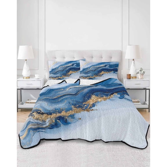 Quilts Twin XL Size, Blue Marble Soft Comforter Bedding Set for Bed, Modern Abstract Art Lightweight Quilted Bedspread with Pillow Cover(2 Pieces) for All Season, 68x98 Inch