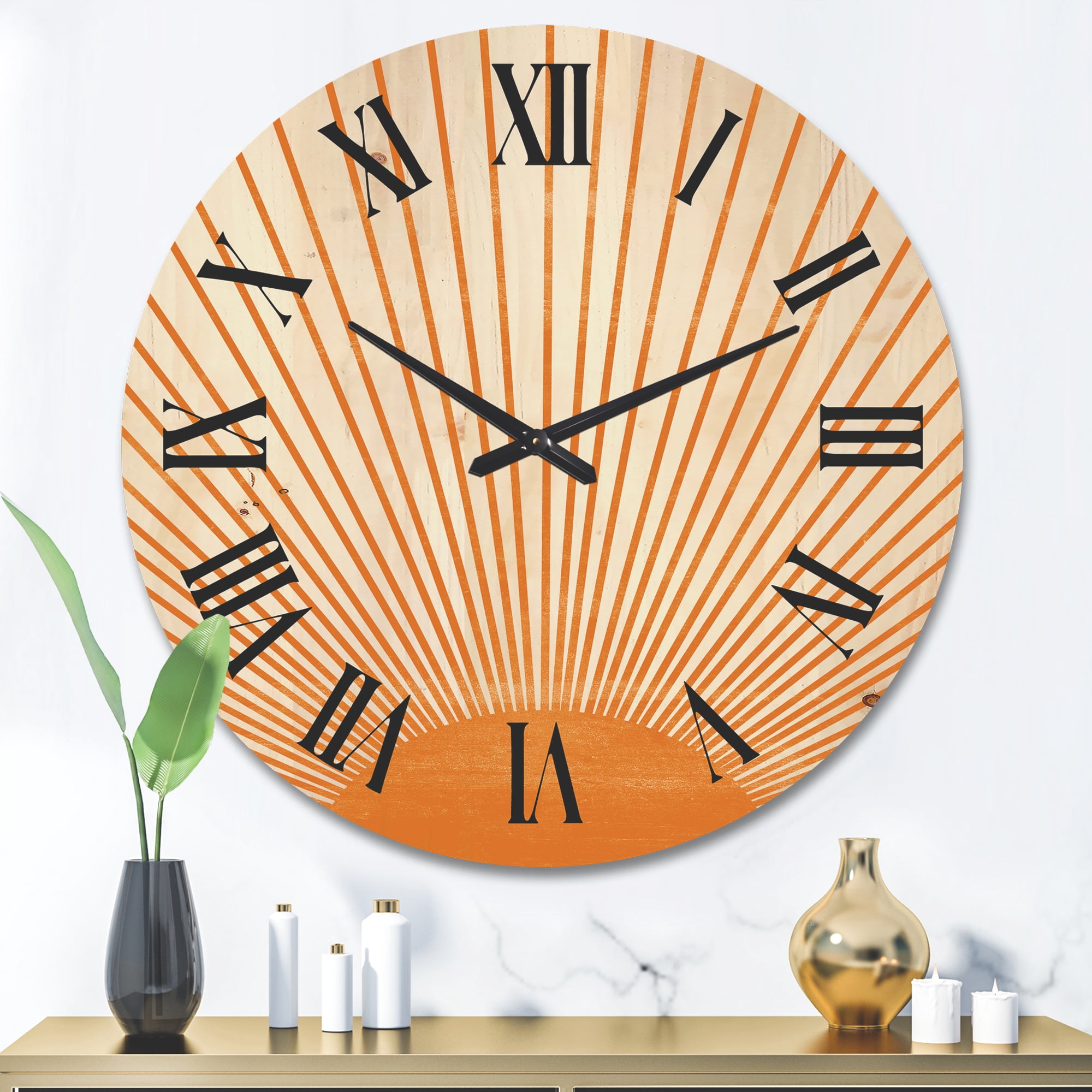 Designart 'Orange Sun Print On Beige III' Modern Wood Wall Clock