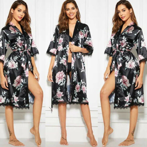 Womens Plus Size Lace Pockets Kimono Robe Sleepwear with Oblique V-Neck