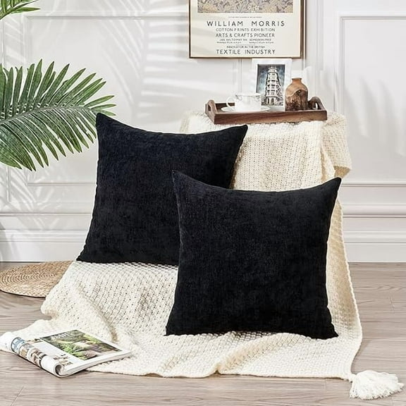 Wanhoo Decorative Chenille Throw Pillow Covers 26x26 Inch Pack of 2, Soft Square Couch Pillow Cover for Sofa Cushion Living Room Bedroom Solid Dyed Oversized Pillowcases Black 66x66cm (NO Insets)