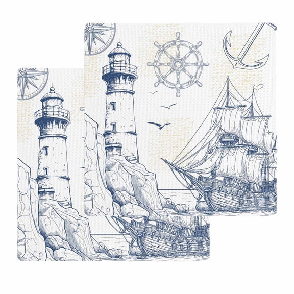 Nautical Ship Lighthouse Kitchen Dish Towels for Drying Dishes Set of 2, Ocean Anchor Rudder Lines Art Waffle Weave Microfiber Hand Tea Bathroom Towels Quick Dry & Absorbent Towel 12x12