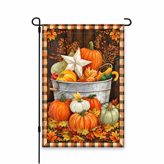 Autumn Harvest Garden Flag 12x18 Inch - Pumpkin, Star, Leaves Design - Fall Decor for Lawn, Patio, Porch, Outdoor Display