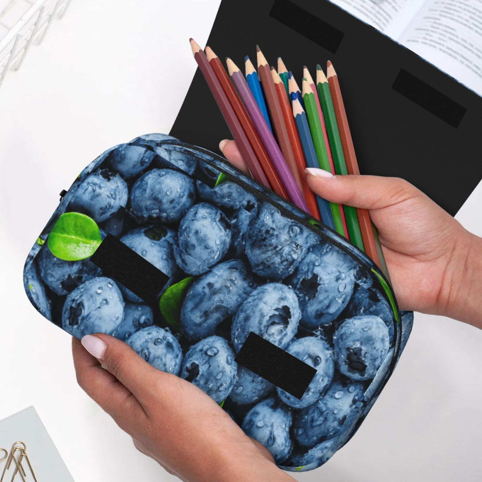 Rateoe Fresh Blueberries Pattern Double Clamshell Pen Case, Storage Organizer with Two Zipper Compartments– Holds Up to 50 Pencils & Pens
