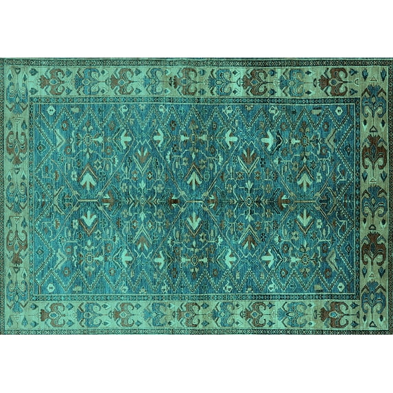Ahgly Company Machine Washable Indoor Rectangle Oriental Turquoise Blue Industrial Area Rugs, 8' x 10'