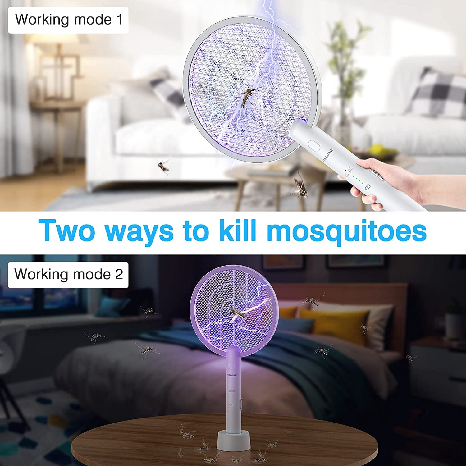 Bug Zapper, PALONE 2 in 1 USB Rechargeable Electric Fly Swatter Lamp & Racket, 3000V Pest Insects Control Flying Bugs Trap Mosquito Killer for Home, Kitchen, Office, Outdoor