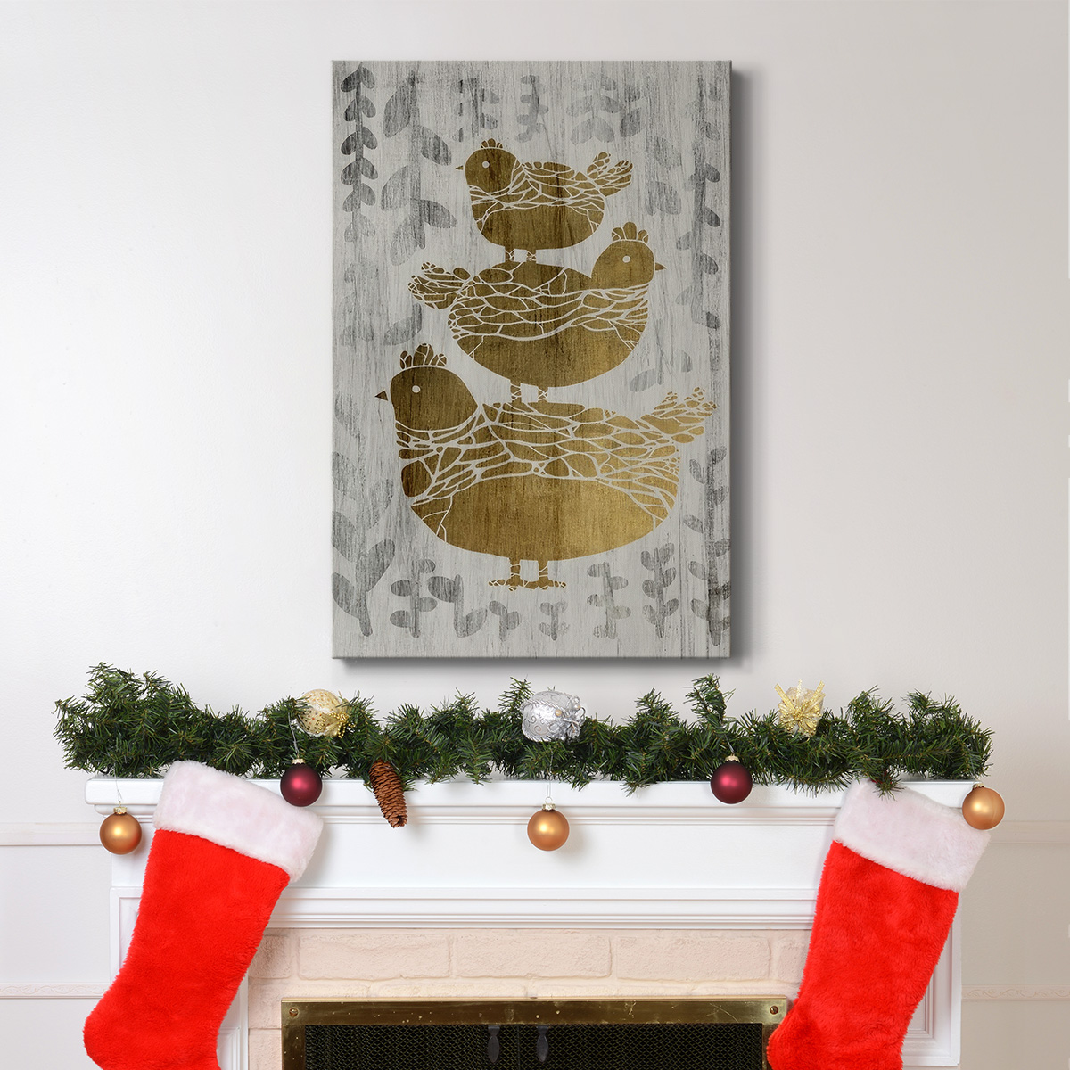 Three French Hens - Gold Leaf Holiday- Gallery Wrapped Canvas