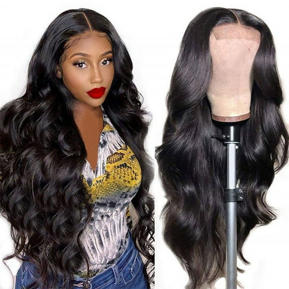Women's black wig with long curly hair and lace front synthetic fiber wig