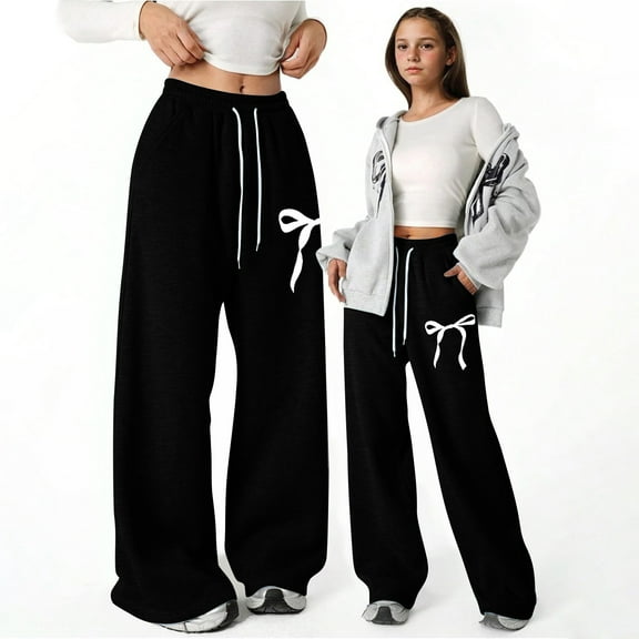 Girls Lightweight Straight Leg Athletic Pants With Pockets Bowknot Print Baggy Sweatpants School Slacks with Elastic Waist Fall Clothes - Black,8-9 Years