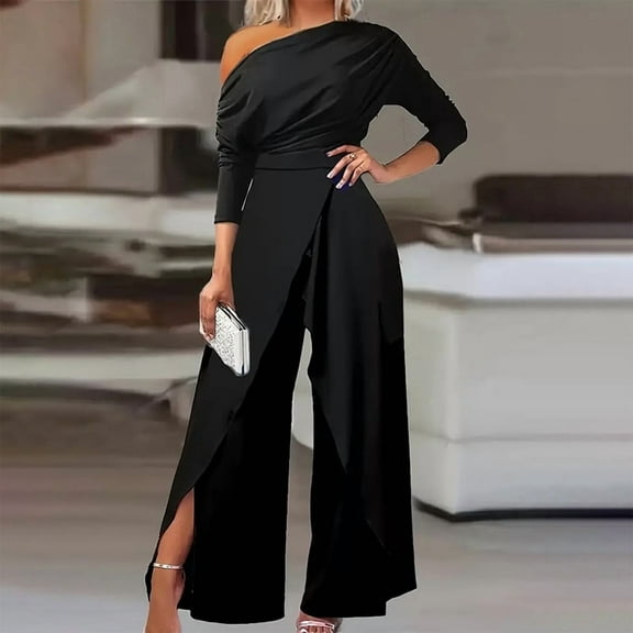 MORTTIC Women's Elegant One-Shoulder Jumpsuit with Long Sleeves & Slit Pants - Formal & Party Wide-Leg Romper for Spring/Summer