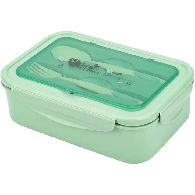 Caja bento, fiambrera, fiambrera hermética, 3 compartimentos, con cuchara y tenedor, cajas de seguridad a prueba de fugas, protección de la salud y el medio ambiente (verde) JFHHH pequeña