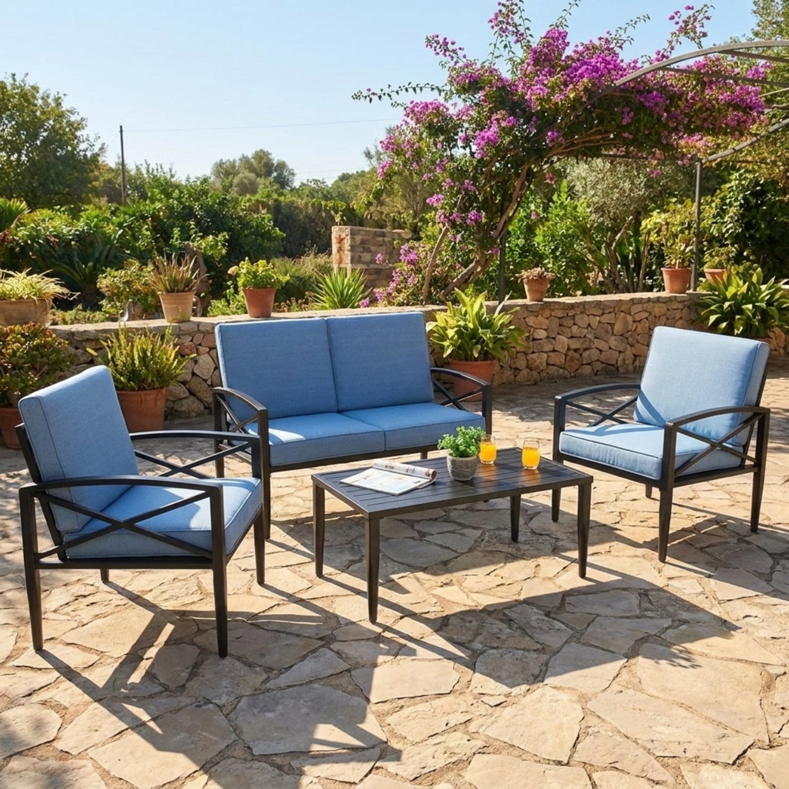 Biotree 4 Piece Patio Furniture Set aluminum frame cushioned sofa outdoor conversation set with side table for garden backyard and porch