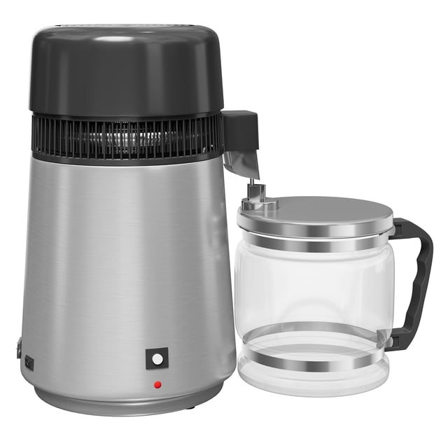 Efficient 750W Water Distiller Machine – 4L Stainless Steel Purifier with Durable Glass Pot for Home, Lab, Workplace, Aquarium – Silver