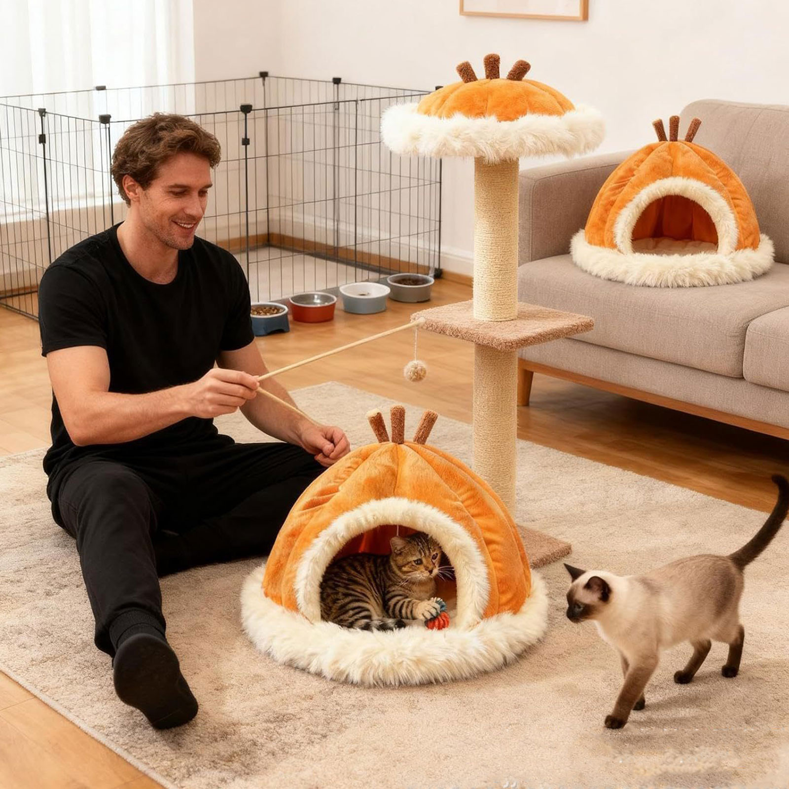 Neutral Upgraded Calming Pet Bed - Fluffy Plush Anti-Anxiety Cuddler Bed for Cats & Dogs, Warm Winter Snuggle Bed with Removable Cushion