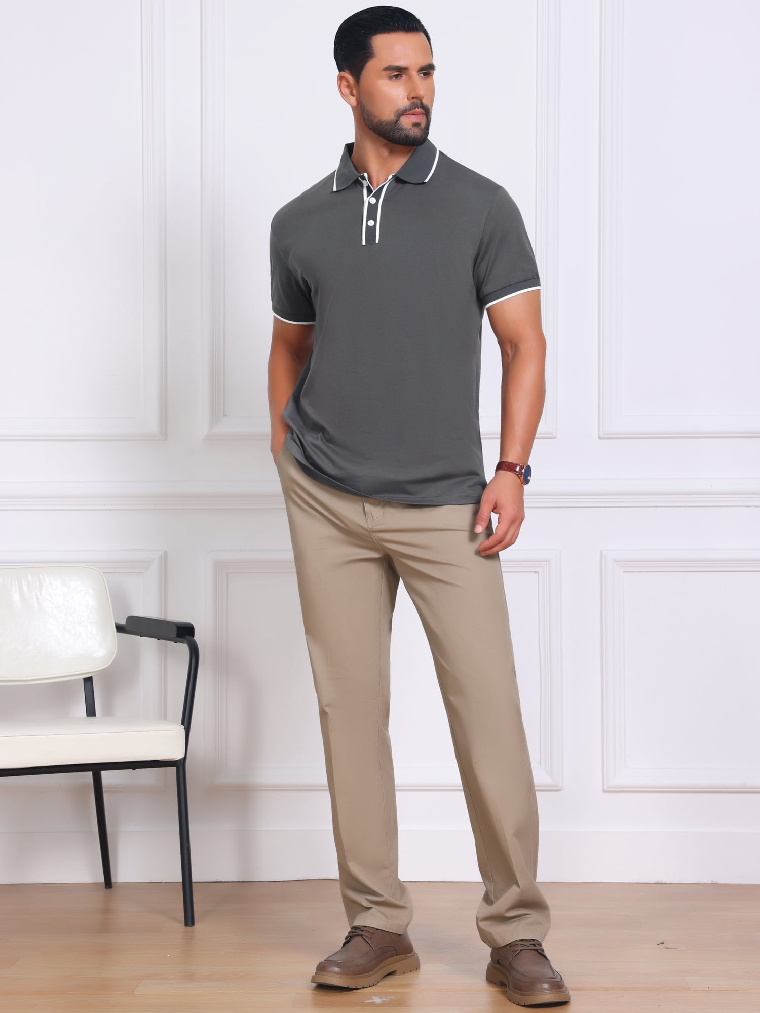 DARING DIVA Men's Contrast Trim Short Sleeve Button Closure Polo Shirts L Dark Gray