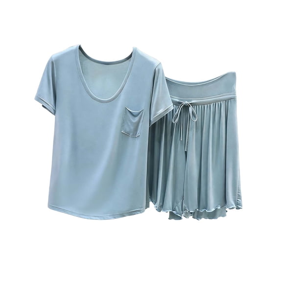 MGDXOX Women's 2 Piece Chest Pocket Short Sleeve Top & Ruffle Hem Shorts Pajama Set Soft Loungewear Sleepwear Light Blue XXL