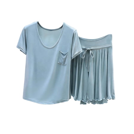 Hxshgdsn Womens 2 Piece Pajamas Sets with Pocket Short Sleeve Pleated Shorts Sleepwear Comfy Sleepwear(Light Blue/2XL)