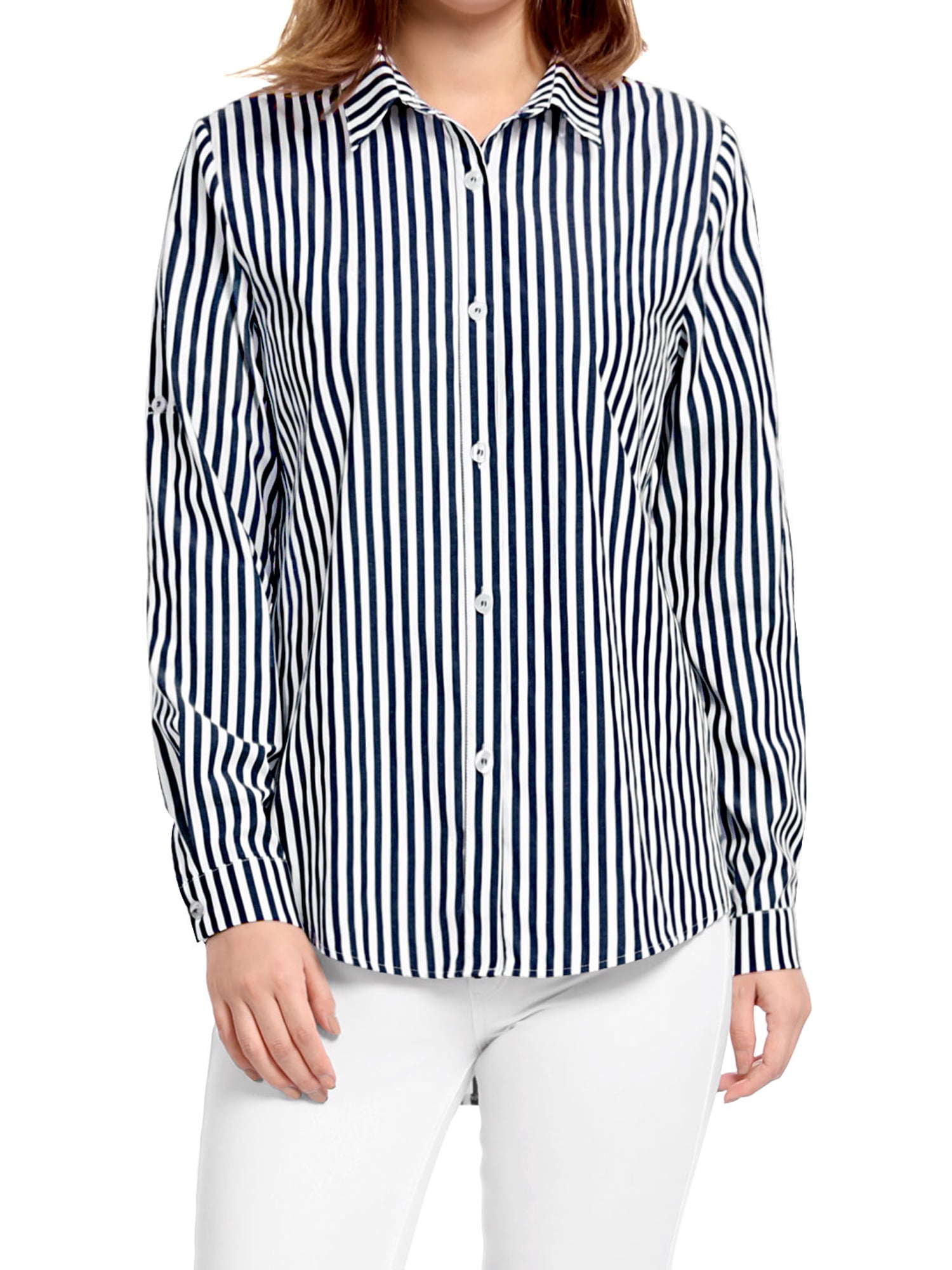 DARING DIVA Women's Button Down Long Sleeve Vertical Stripes Shirt S Dark Blue