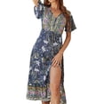 thumbnail image 4 of Seyurigaoka Women's Short Sleeve Long Dress, Floral Printed V Neck Loose Fit Vintage Style Dress, 4 of 9
