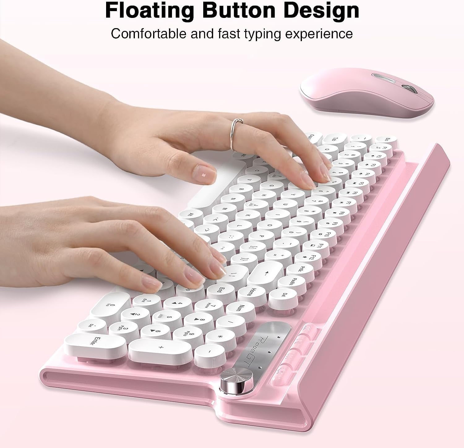 Wireless Keyboard and Mouse Combo, RaceGT Silent Keyboard Mouse Set, Retro Cute Typewriter Keyboard with Phone Tablet Holder, Round Keycaps, 2.4G Mouse Compatible with PC/Laptop/Computer(Pink)