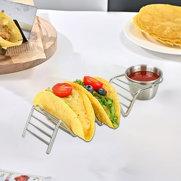 Soporte para tacos de acero inoxidable con taza para salsa | Tortillero individual | Soporte para tacos duradero, dorado y plateado | Exhibidor compacto para pan plano y panqueques | Diseño