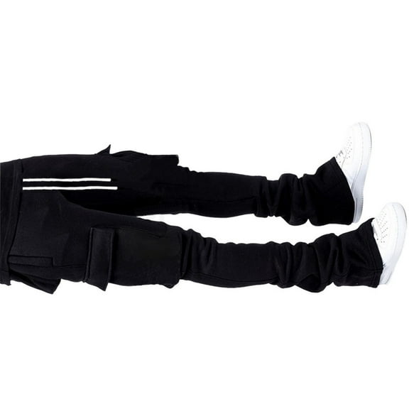 Men Casual Drawstring Waist Joggers Sweatpants Solid Color Flared Pile Up Stacked Cargo Pants Trouser with Multi Pockets