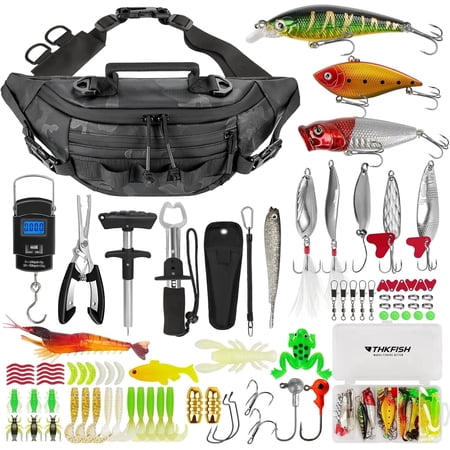 85Pcs Fishing Sling Bag with Tackle Box Included for Fly Fishing Tackle Kit Waterproof Fanny Pack with Fishing Gear Lures Fish Pliers Kit Lip Gripper Weigh Scale