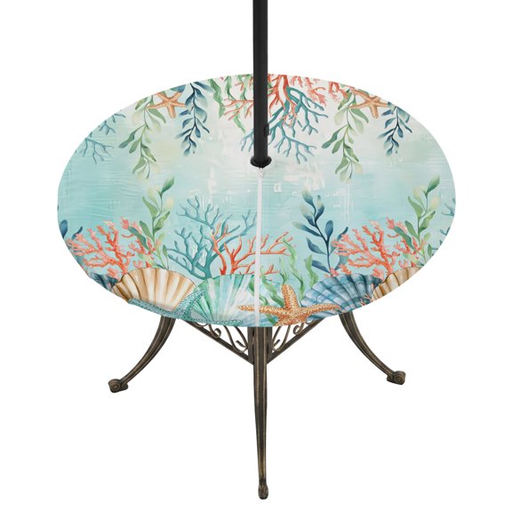 Round Outdoor Tablecloth with Umbrella Hole and Zipper, Ocean Starfish Seaweed Tablecloth with Elastic Waterproof, Summer Coastal Beach Shell Coral Teal Patio Table Covers for 55" - 60" Pool Tables