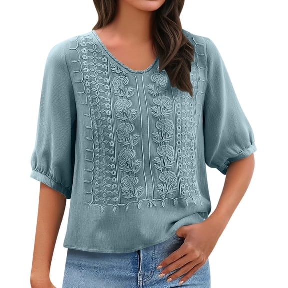 BODOAO Linen Top for Women Boho Tops Beach Tops Dressy Casual Workout Tops Half Sleeve Soft Breathable Summer Mexican Tunic Tops Loungewear Vacation Shirts Peasant Blouses Blue L