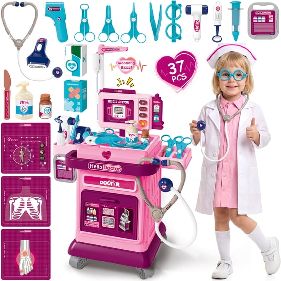 UUSUOO Doctor Kit for Toddlers 3-5,37Pcs Pretend Play Medical Kit Toy,Toddler Medical Cart Toy with Realistic LED Lights & Sounds,Doctor Kit Christmas Toy Gifts for Kids 3-8,Pink