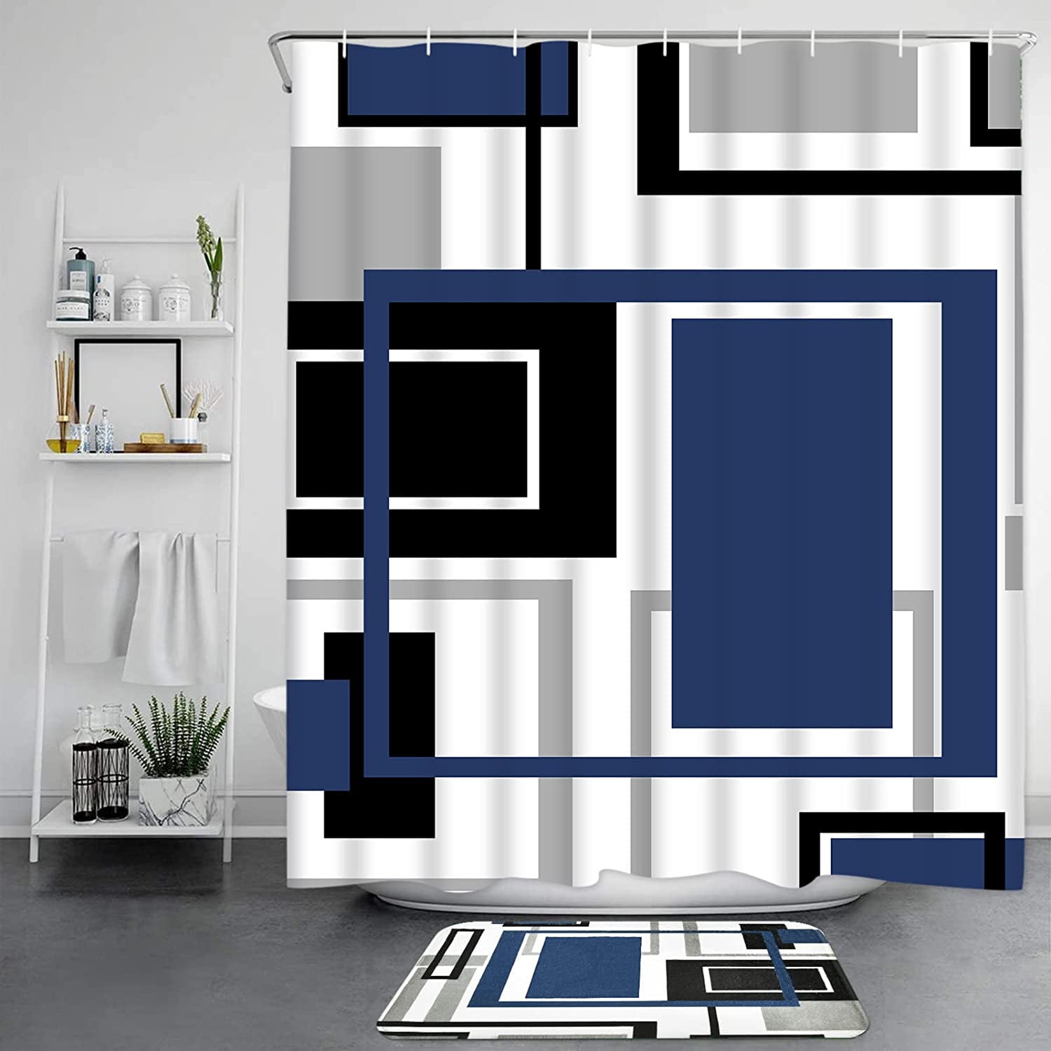 FRAMICS Blue Black Geometric Shower Curtain Sets with Rugs, 16 Pc Modern Abstract Bathroom Sets, Waterproof Fabric Shower Curtain with 12 Hooks and Toilet Rugs