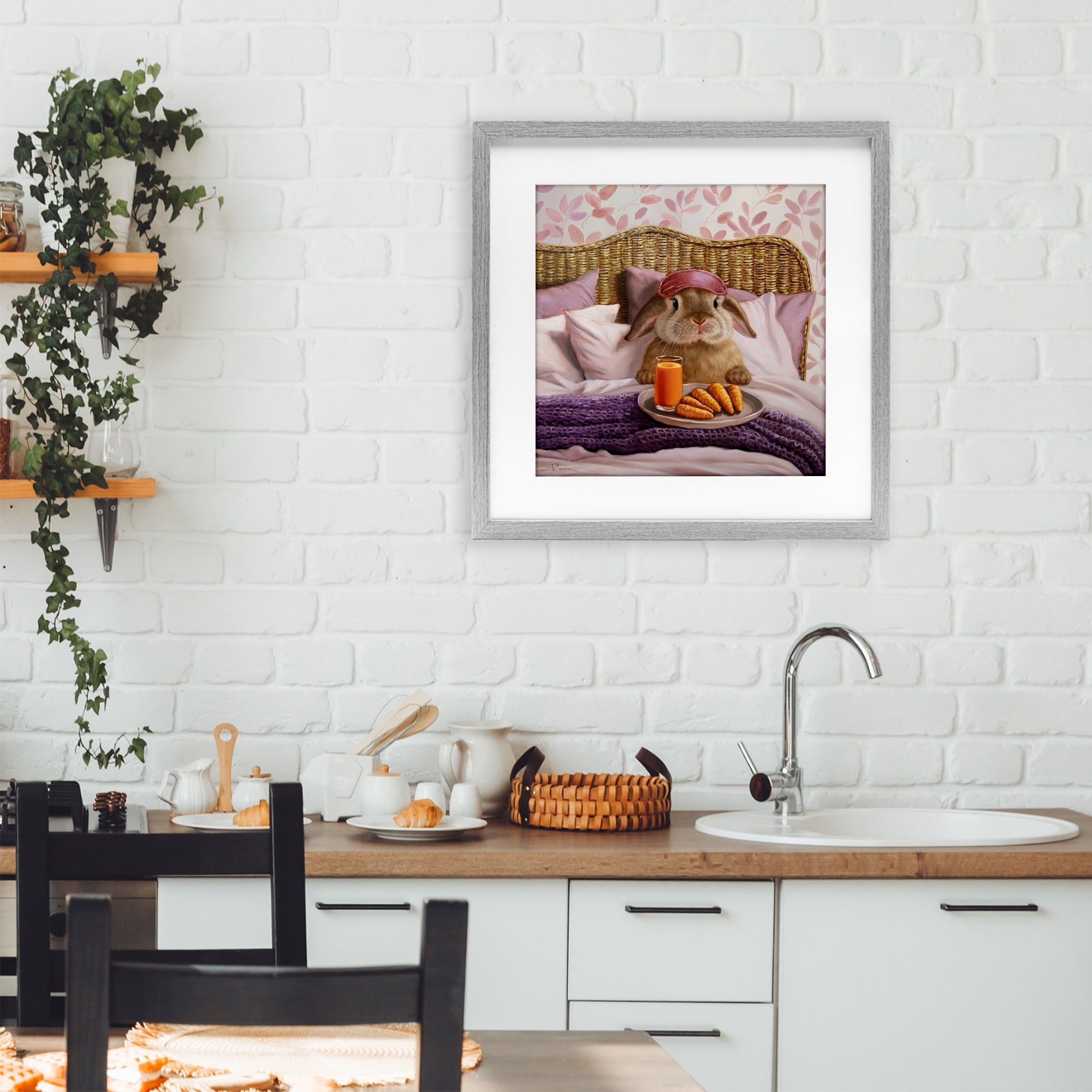 Stupell Industries Hoppy Meal Bunny in Bed Gray Framed Print Under Glass, design by Lucia Heffernan