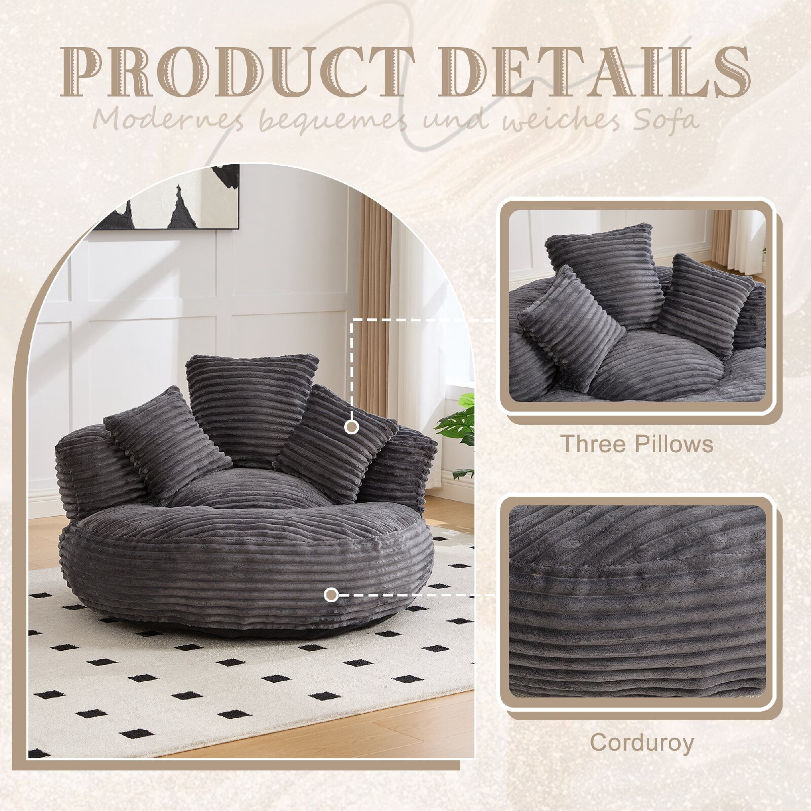 Oversized Corduroy Bean Bag Chair with 3 Pillows and Armrest, Corduroy Bean Bag Chairs Floor Lazy Couch Sofa with Foam Filler for Gaming, Reading ,Adults, Bedroom,  Living Room Dorm, Dark Gray
