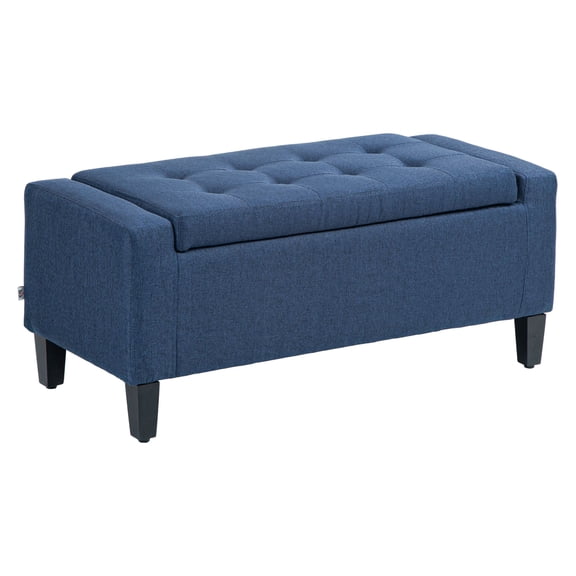 Storage Ottoman, Linen Upholstered Storage with Lift Top and Button Tufted for Living Room, Dark Blue